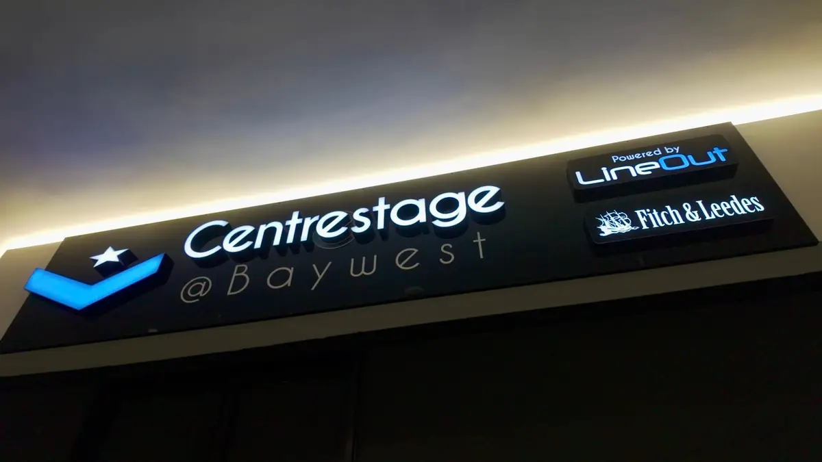 The Centrestage@Baywest sign, "Powered by LineOut"