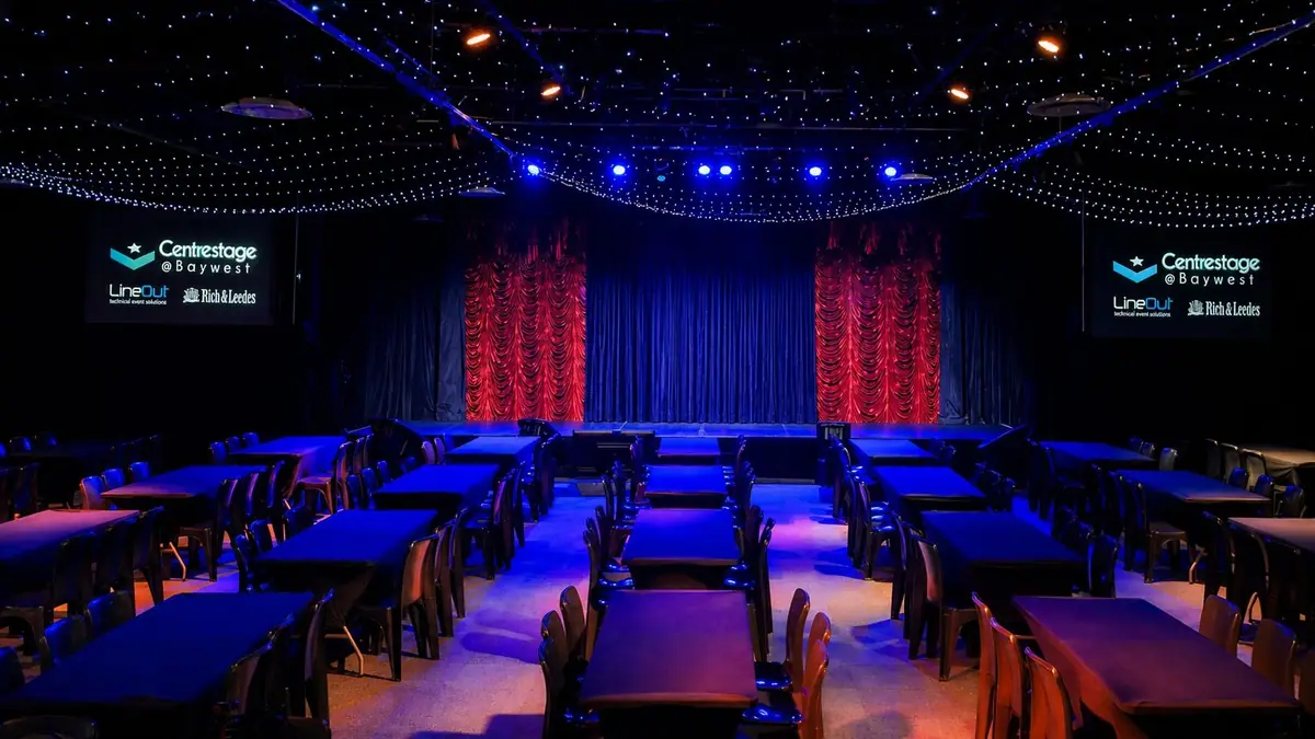 Centrestage@Baywest set for dinner theatre under the installed lighting